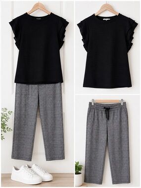 Outfit Bundle - Business Casual - Black Ruffle Blouse & Plaid Pants - SMALL